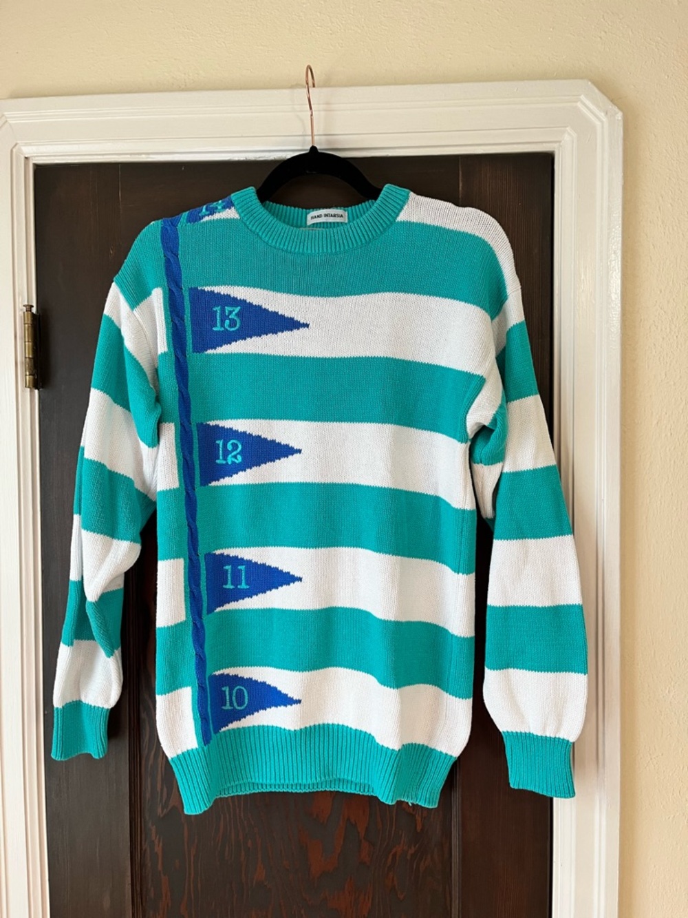 Striped Crewneck Sweater in Teal, White & Blue